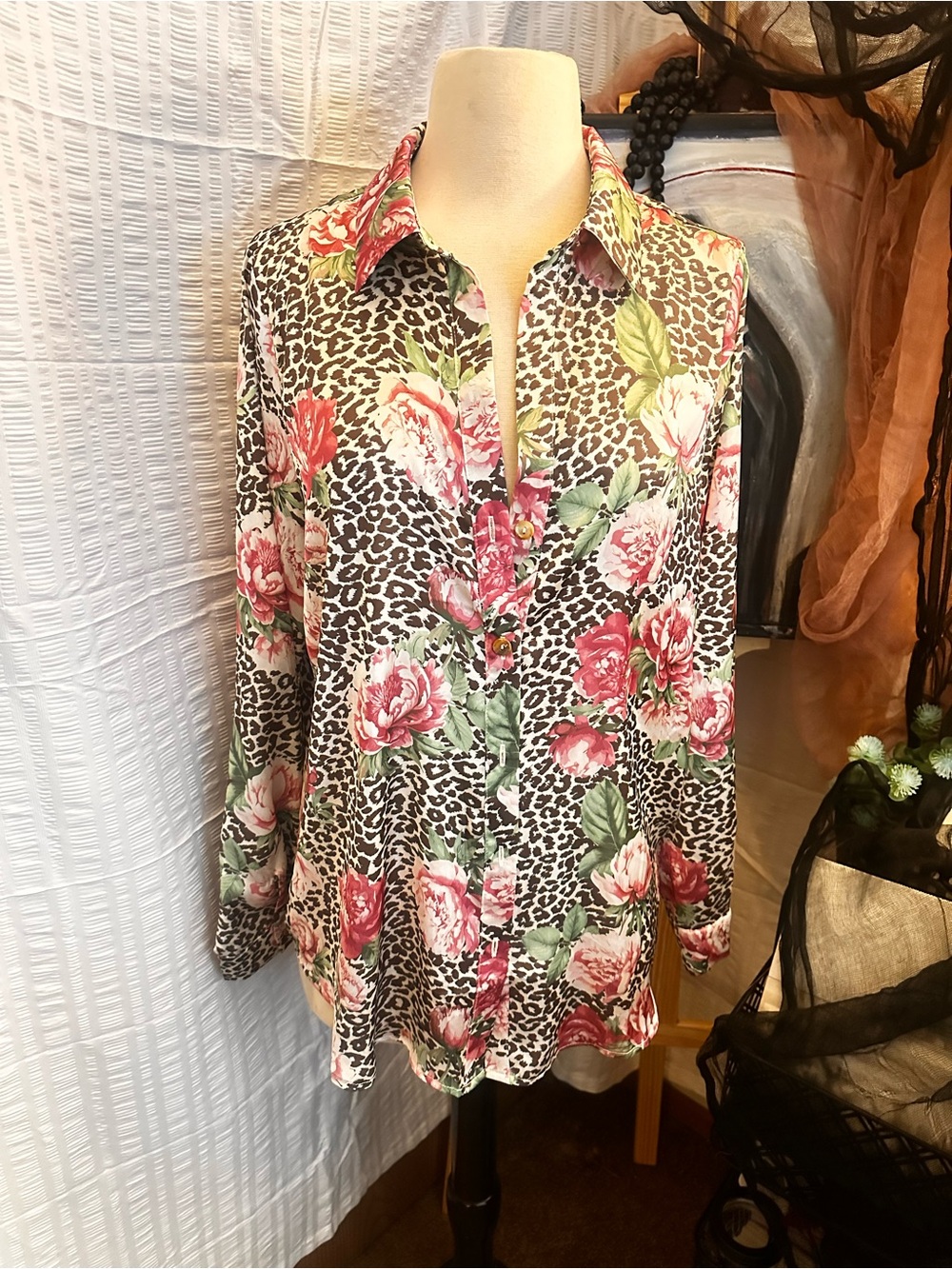 Guess Pink Floral & Leopard Print Button-Down Shirt